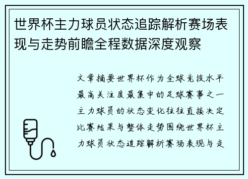 世界杯主力球员状态追踪解析赛场表现与走势前瞻全程数据深度观察